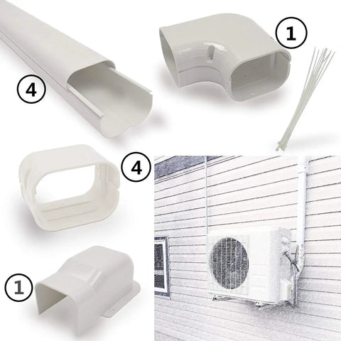 14 Ft Air Conditioner Line Set Cover Kit For Mini Split And Central AC Systems, showing PVC tubing, elbow, and wall installation.