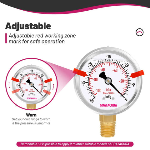 Glycerin Filled Vacuum Pressure Gauge That Holds Up With A Two And A Half Inch Dial Stainless Steel Case Red Range Mark For Safe Operation Minus Thirty In Hg To Zero For Vacuum Pumps Tanks And Systems With One Quarter Inch NPT Lower Mount Built For adjustable red zone dial