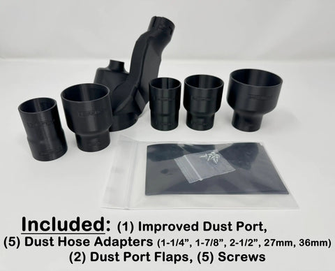 Enhanced Dust Collection Port For DWS779 And DWS780 Miter Saws, No Mess Cleanup, Sweet Setup, Made In The USA, Includes Adapters For Hose Sizes One And A Quarter Inch, One And Seven Eighths Inch, Two And A Half Inch, 27mm And 36mm