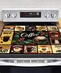 Retro Glass Stove Top Cover Protector For Coffee Bar Vibe 28.5 By 20.5 Inches Heat Resistant Silicone Shield with vintage cafe decor.