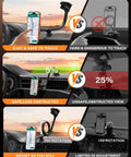 Comparison showing MagSafe Car Phone Mount With 14 Inch Gooseneck Long Arm Extension with strong magnets versus standard mounts.