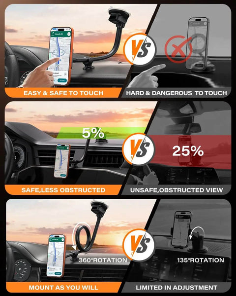 Comparison showing MagSafe Car Phone Mount With 14 Inch Gooseneck Long Arm Extension with strong magnets versus standard mounts.