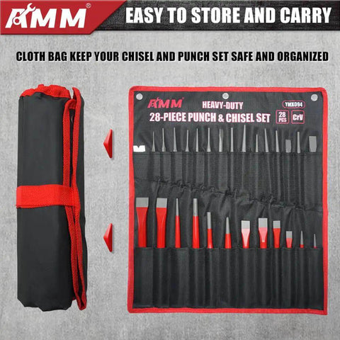 Heavy Duty 28-Piece Punch and Chisel Set in roll-up pouch with Cr-V and high carbon steel for woodworking and metalworking.