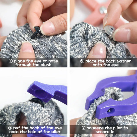 Foolproof Safety Eyes Jig Pliers For Doll Faces, no fuss tool shown attaching doll eyes through plush fabric.