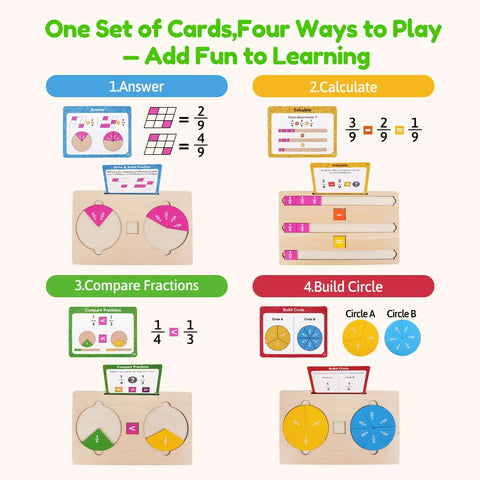 Four methods of using Wooden Fraction Tiles And Circles Set for kid-friendly hands-on math manipulatives and fraction practice.