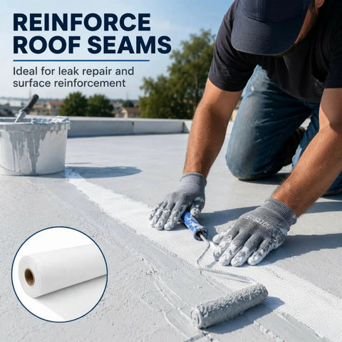 Application of Heavy Duty Polyester Roof Reinforcement Fabric 40X162 Ft White Elastomeric Coating Sealer for roof seam repairs.
