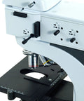 Metallurgical Infinity Polarizing Darkfield Microscope Set With EW10X 22 And EW15X Eyepieces, Plan Infinity Achromatic Objectives, Up To 1500X Total Magnification, Perfect For Metallurgical Inspection, Lab Work And Precision Observations. close-up of stage and objective lenses