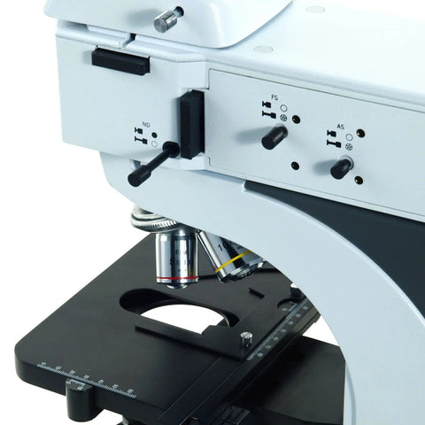Metallurgical Infinity Polarizing Darkfield Microscope Set With EW10X 22 And EW15X Eyepieces, Plan Infinity Achromatic Objectives, Up To 1500X Total Magnification, Perfect For Metallurgical Inspection, Lab Work And Precision Observations. close-up of stage and objective lenses