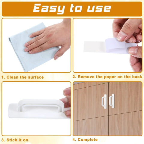 Installation steps for Four Pack White Peel And Stick Cabinet Handles With Premium Adhesive Backing No Drill Installation Versatile Adhesive Handles For Cabinets Closets Glass Sliding Doors Shower Doors And Windows