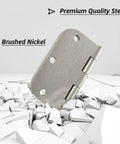 Heavy Duty 3.5 Inch Door Hinges Brushed Nickel With Five Eighths Radius, 3.5 x 3.5 Inch Interior Door Hardware, Six Hole Mount, For Residential Doors, Silver Finish shown on a fragmented background.