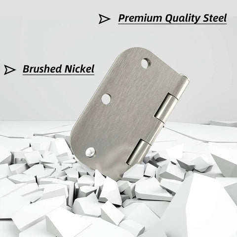 Heavy Duty 3.5 Inch Door Hinges Brushed Nickel With Five Eighths Radius, 3.5 x 3.5 Inch Interior Door Hardware, Six Hole Mount, For Residential Doors, Silver Finish shown on a fragmented background.