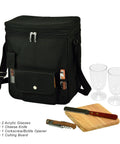 Personalized Monogrammed Wine And Cheese Picnic Basket Cooler With Hardwood Cutting Board Cheese Knife And Corkscrew laid out with acrylic glasses.