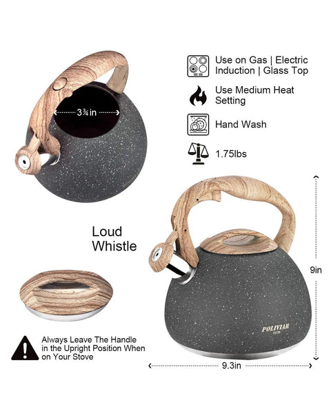 2.7 Quart Tea Kettle With Natural Stone Finish And Wood Pattern Handle, Loud Whistle, Food Grade Stainless Steel Teapot