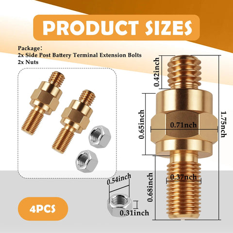 Heavy Duty 2 Pack Side Post Battery Terminal Extension Bolts With Nuts Featuring 3/8 Inch 16 Coarse And 3/8 Inch 24 Fine Threads, brass bolts with nuts.