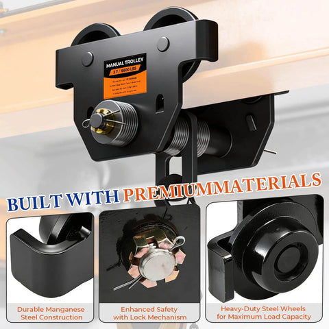 3 Ton Manual Adjustable I Beam Trolley With Flange Width From 3.66 To 8.46 Inches featuring heavy-duty steel wheels