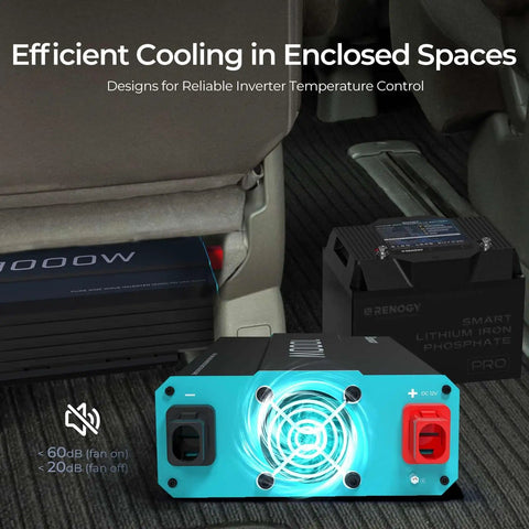 Beefy 1000 Watt Pure Sine Wave Car Power Inverter 12V DC To 120V AC Converter displayed in a vehicle interior for RV use.
