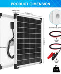 20W 12V Monocrystalline Solar Panel Kit with 10A Controller showing dimensions and cables for RV use