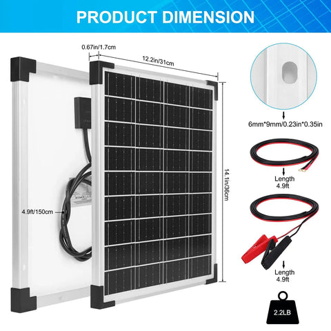 20W 12V Monocrystalline Solar Panel Kit with 10A Controller showing dimensions and cables for RV use
