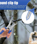 24Pcs Heavy Duty Miter Spring Clamp and Plier Kit For Woodworking Pros Steel Tools With Storage Ring Perfect For Picture Frame Molding Projects. Hand holding blue-handled round clip tip plier clamp on a tree branch