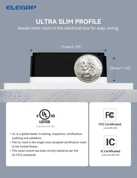 Slick Matte White Smart Dimmer Switch 2 Pack Single Pole Wi-Fi Touch Control Fade To Brightness Touch Slider showing ultra slim profile with coin for size comparison.