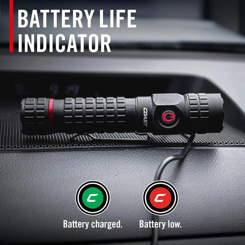 PX200R 2000 Lumen Rechargeable LED Flashlight With Twist Focus USB C showing battery life indicator on dashboard