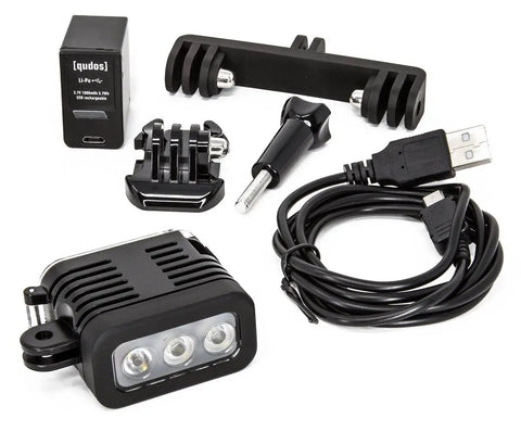 High Power Waterproof Diving Light for GoPro Underwater Video Capture, 130ft Depth Rating with accessories and USB cable.