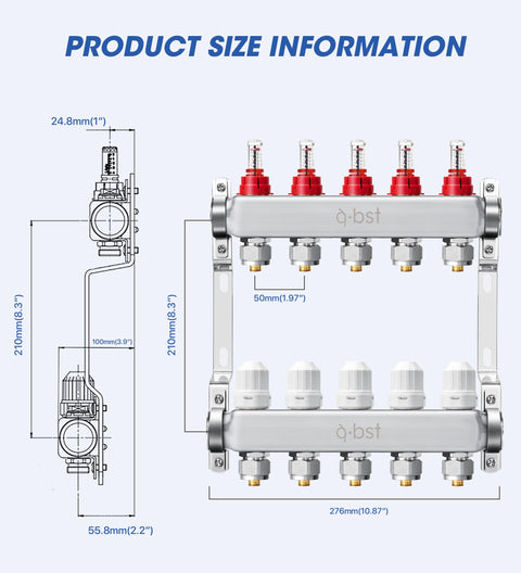 5 Loop Stainless Steel PEX Manifold Kit for Radiant Floor Heating with Ball Valves High Flow Meters product size diagram