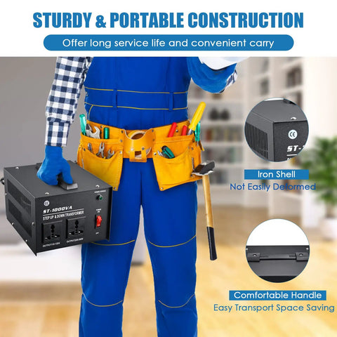 Person holding Beast 1000 Watt Step Up And Step Down Voltage Converter with tool belt, highlighting sturdy iron shell.