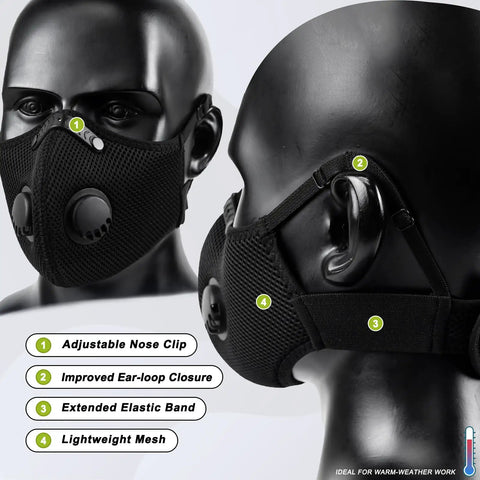 Side and front views of M Plus Dust Face Mask With Six Activated Carbon Filters for woodworking, showing adjustable ear-loops and mesh material.