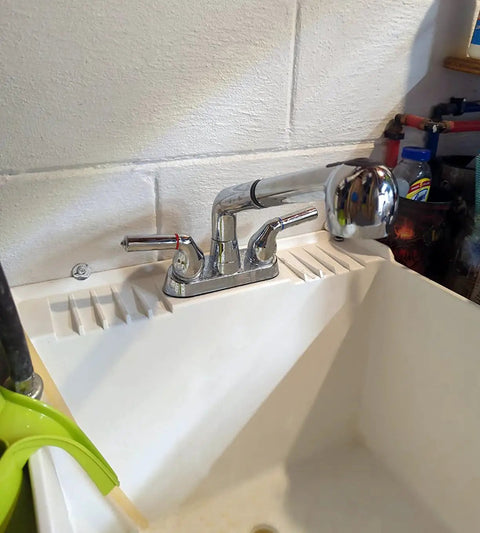 Laundry Room Sink Faucet With Pull Out Sprayer 4 Inch Centerset 3 Hole Install Chrome Finish Non Metallic Body 1.8 GPM Flow