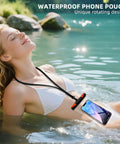 Waterproof Phone Pouch With Lanyard For iPhone And Android IPX8 Phone Case Dry Bag 30M with woman in water, showing use