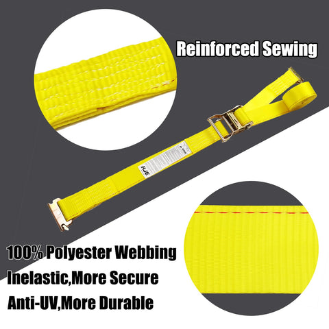 4 Pack 2 Inch Wide 20 Foot E Track Ratchet Straps Heavy Duty Cargo Tie Downs 4500 Pound Break Strength 1500 Pound Working Load For Vans Trucks And Trailers, showing yellow polyester webbing and ratchet mechanism with reinforced sewing.