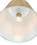 Derose Transitional One Light Indoor Pendant Light in Brushed Brass with exposed bulb, view from below showing interior shade.