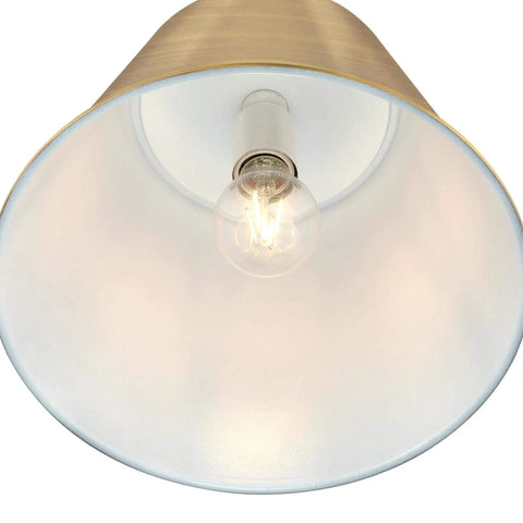 Derose Transitional One Light Indoor Pendant Light in Brushed Brass with exposed bulb, view from below showing interior shade.