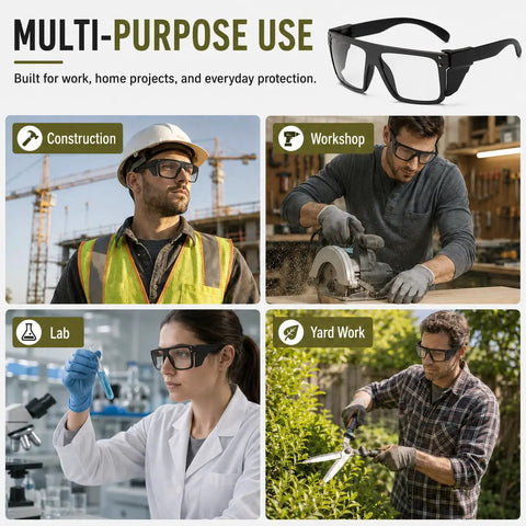 Kickass Ansi Z87 Safety Glasses Featuring Hella Smooth Photochromic Anti Blue Light Lenses With Solid UV400 Protection Lightweight Polycarbonate Frame In Matte Black worn by workers in construction, lab, workshop, and yard work.