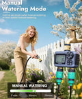 Woman using Two Zone Hose Timer With Brass Inlet and Outlet, Auto and Manual Modes, Rain Delay, IPX5 Waterproof in garden.