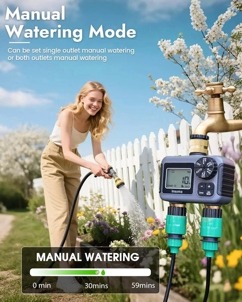 Woman using Two Zone Hose Timer With Brass Inlet and Outlet, Auto and Manual Modes, Rain Delay, IPX5 Waterproof in garden.