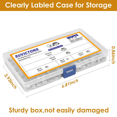 Built Tough 105 Piece Serrated Flange Hex Lock Nut Assortment Kit In Rust Resistant 304 Stainless Steel storage case dimensions shown.