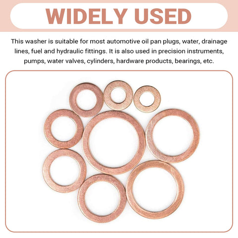 200 Piece Copper Washer Kit For Cars, Metric Crush Washers And Flat Sealing Gaskets In 9 Sizes, Heavy-Duty Copper Seals