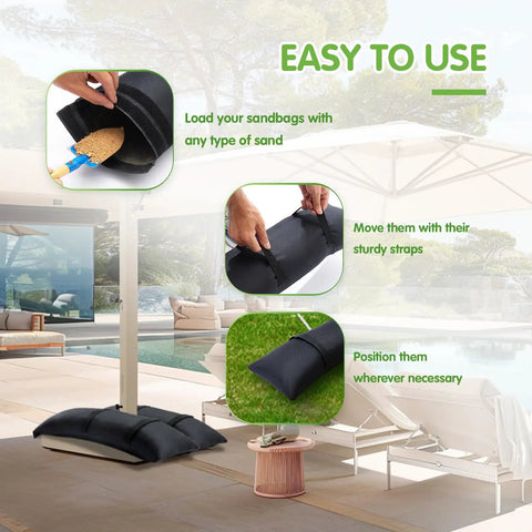 Easy-to-use fillable black sand bags 2 pack 44 lbs each for umbrella bases and patio furniture weights waterproof 800D Oxford cloth