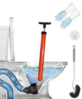 Heavy Duty High Pressure Toilet Plunger Kit With Curved Brush And Comfort Grip Gloves, All In One Drain Clog Buster For Bathroom Sink And Tub, Tough As Nails Game Changer with a red plunger, gloves, and brush.
