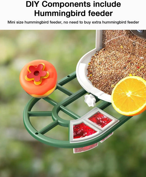 DIY components of solar powered bird feeder with camera, 2K live feed, smart AI bird recognition, 2L seed capacity shown close-up