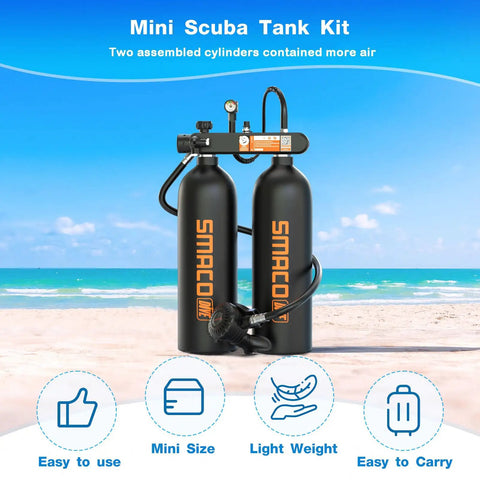 Twin 1.9L Scuba Tank Kit, 3.8L Portable Back-Mounted Dive Cylinder With S700MAX Regulator on beach