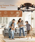 Family enjoying in living room with Low Profile Black Ceiling Fan With Light Remote Flush Mount Modern Farmhouse Industrial Rustic Design
