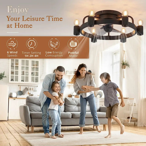 Family enjoying in living room with Low Profile Black Ceiling Fan With Light Remote Flush Mount Modern Farmhouse Industrial Rustic Design