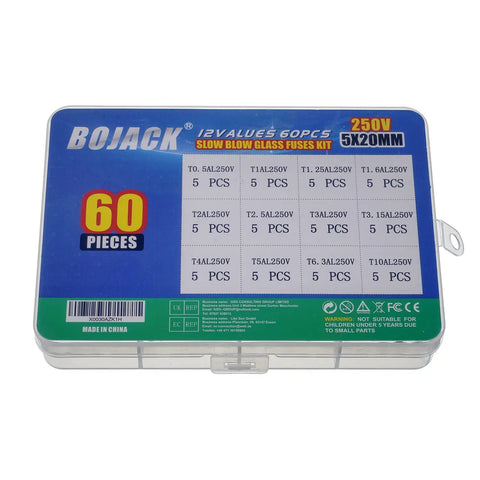 12 Value Slow Blow Glass Fuses Kit With 60 Pieces In Clear Plastic Storage Box 5x20mm 250V Assortment From 0.5A To 10A