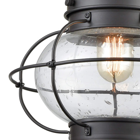 Close-up of Onion Outdoor Pendant Light With One Bulb, Oil Rubbed Bronze Finish, Clear Seeded Glass Globe, Exterior Porch Ceiling Fixture