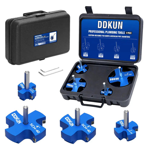 Four Size PVC Pipe Reamer Kit with Four Blades, fits SCH40 Pipes, 1/2 Inch Drill Compatible, includes reamers and hex wrench in case