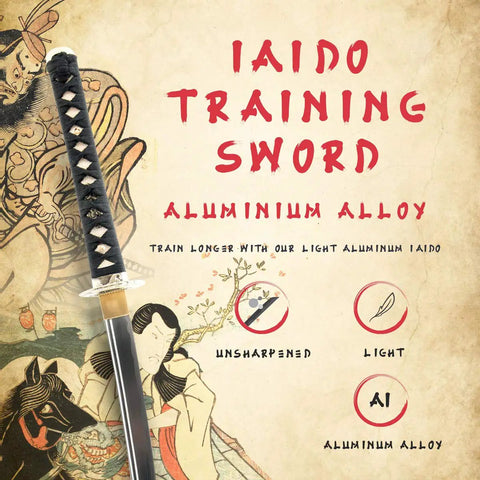 Lightweight Aluminum Alloy Wakizashi Iaito For Iaido Training With Dragon Tsuba Unsharpened Practice Blade displayed with artwork