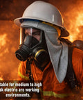 Worker wearing helmet with Flame Resistant FR Hard Hat Liner Sun Shade With Cotton Neck Protector and Ear Coverage in high-risk environment